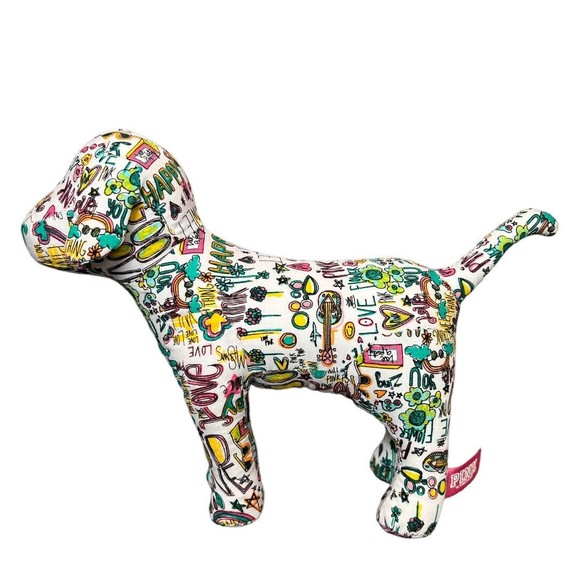 Victoria's Secret PINK Multi Color Plush Grafitti Dog 8.5 x 6 - Picture 1 of 3